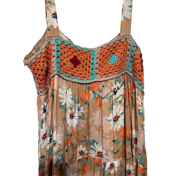 Easel Vintage-Inspired Floral Dress With Crochet Bodice Sleeveless Boho Maxi Bei - Picture 4 of 12